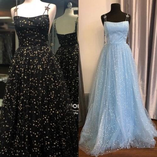 Sparkle Prom Dress 2020 A-Line Long Military White Formal Party Pageant Gowns Sequin Stars Spaghetti Zip Back Sleeveless