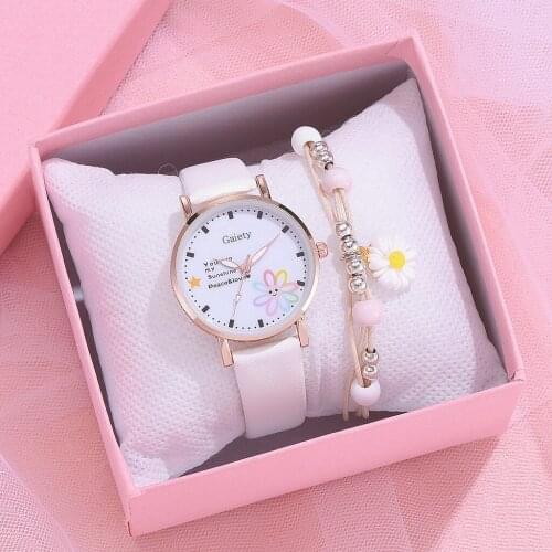 Fashion Women Leather Watches 2PCS With Bracelet Set Casual Student Flowers Dial Sports Dress Wristwatch Reloj Mujer