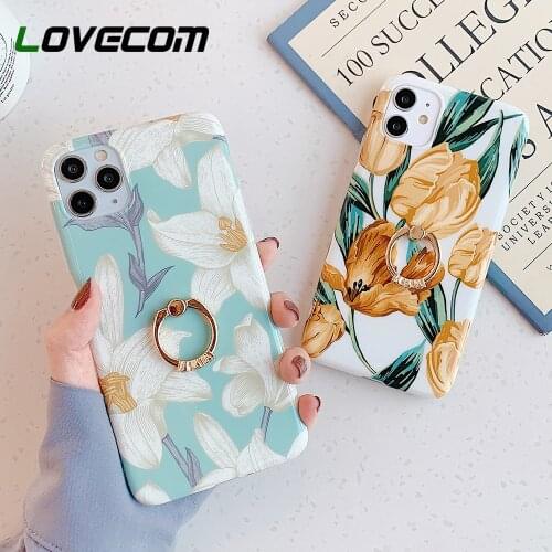 Retro Watercolor Flower Ring Stand Phone Case For iPhone 12 Mini 11 Pro Max XR X XS Max 7 8 Plus Case Soft IMD Glossy Back Cover