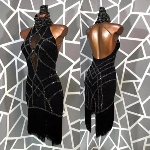Black rhinestone Latin dance dress DS tassel stage latin dance competition dresses party rave ChaCha tango rumba dance costume