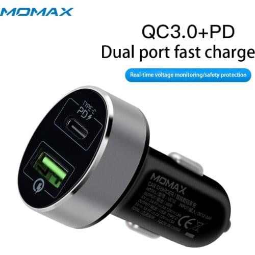 Momax dual port fast charge is suitable for Huawei, Xiaomi and Apple 36W mobile phone PD fast charge high-power car charger