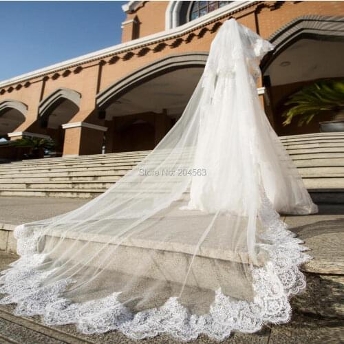 Two-Layer Sequined Lace Wedding Veil Tulle Chapel Bridal Veil for Bride with Lace and Beads M2020