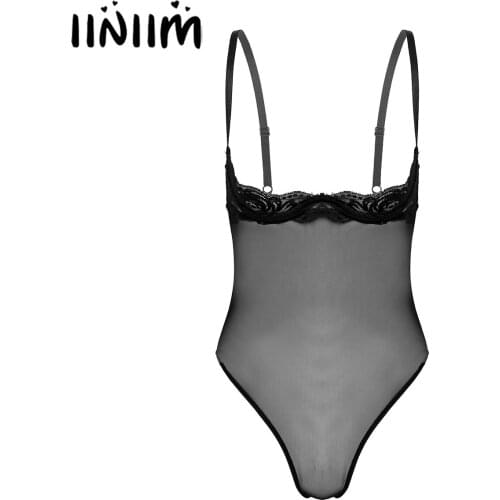Iiniim Women Floral Lace Patchwork Underwire Bra Bodysuit Adjustable Spaghetti Strap See-through Mesh Leotard Underwear
