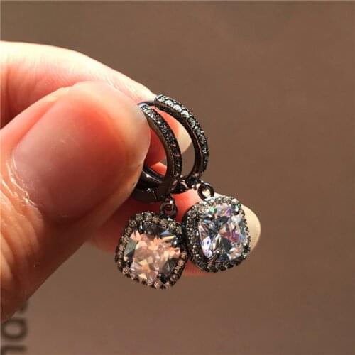 Dainty Female White Crystal Stone Earrings Black Gold Silver Color Hoop Earrings For Women Charm Square Zircon Wedding Earrings