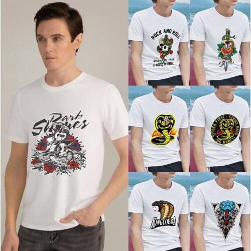 Fashionable Mens T-shirt All-match White Classic Cobra Pattern Printing Series Casual O-neck Commuter Comfortable Mens Top