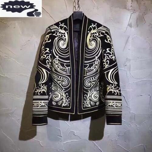 Brand Autumn Men Blazer Designer Embroidery Long Sleeve Suit Jacket Court Style Party Wedding Coat Club Stage Singer Clothes