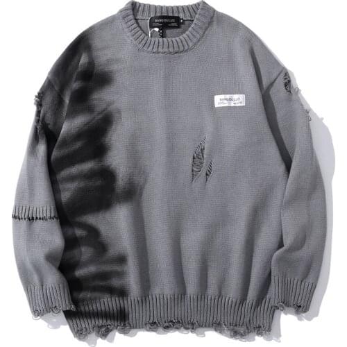 Graffiti Sweater Men 2021 Autumn Streetwear Hip Hop Male Pullovers Harajuku Cotton Casual Hole Oversize Couple Knitted Sweater