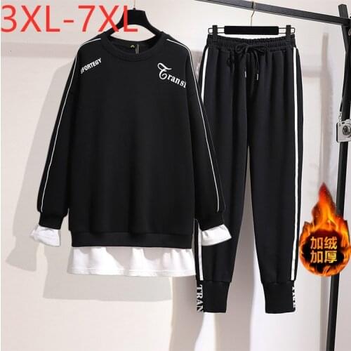 New Ladies Autumn Winter Plus Size Sports Sets For Women Large Loose Wool Liner T-shirt And Pants Training Suit 4XL 5XL 6XL 7XL