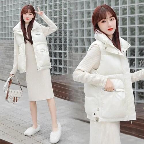 Autumn Winter Glossy Short Down Cotton Vest Women Korean Sleeveless Jacket Warm Thick Hooded Fashion Waistcoat Coat Female H1552