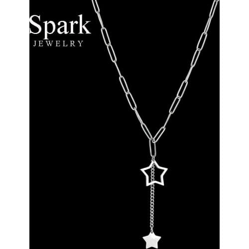 Spark Minimalistic Double Star Pendant Necklace Stainless Steel Hollow Star Chain Necklaces For Women Girlfriend Birthday Gift