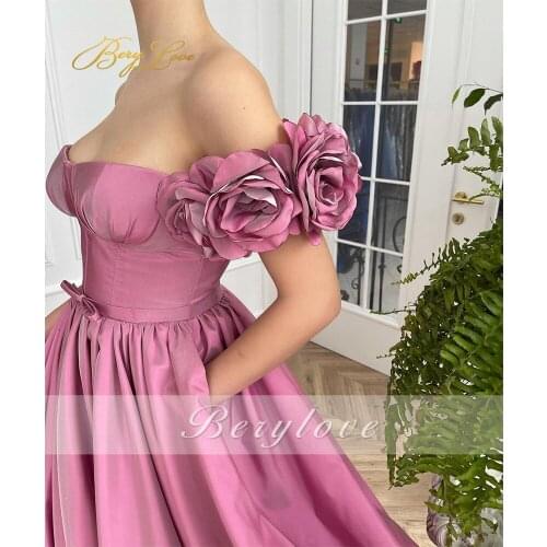 Berylove A Line Prom Dress Sweetheart 3D Flower Sleeves Evening Dress High Waist Belt Long Satin Robe de soiree vestido novia