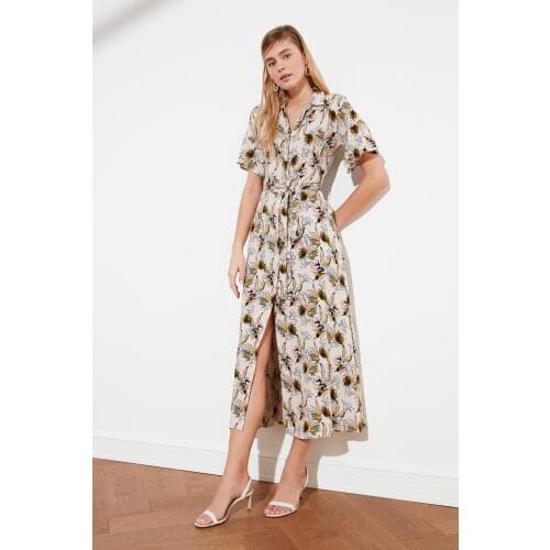 Cream Belted Shirt Dress TWOSS19EL0094 Polka Dot Viscose Midi Short Sleeve Woven Casual V-Neck Beige
