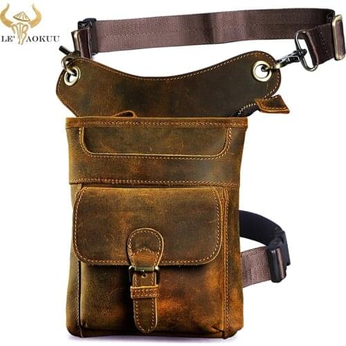 Thick Crazy Horse Leather Men Design Small Messenger Shoulder Sling Bag Vintage Fanny Waist Belt Pack Drop Leg Bag Pouch 211-12