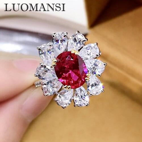 Luomansi Luxury 3 Carat 8*10 Egg-shaped Ruby Diamond Ring Cocktail Party Super Flash 100% S925 Silver Womens Fine Jewelry