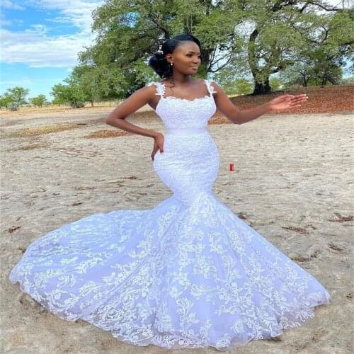 Luxury African Wedding Dresses Full Appliques Lace Classical Bride Gowns Sexy Spaghetti Strap Custom Made Robe De Mariée