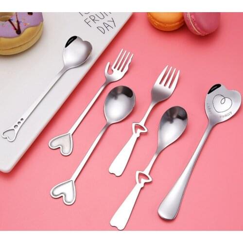 Stainless Steel Heart Shape Coffee Tea Spoon Fork Dessert Sugar Stirring Decorative Spoons Teaspoon Wedding Gift Kitchen Tools