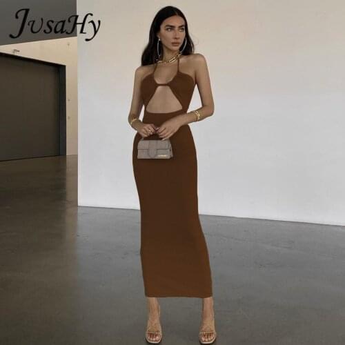 JusaHy Solid Vintage Maxi Dress Bodycon Neck Halter Bandage Cleavage Hollow Clothing Hipster Sexy Midnight Party Streetwear Hot