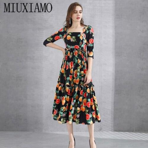MIUXIMAO High Quailty 2020 Fall Dress Long Sleeve flowers Orange Print Vintage Mid-Calf Casual Long Beach Dress Women