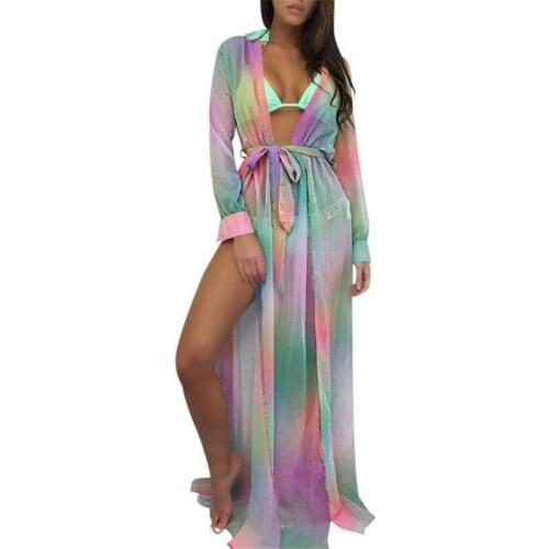 Womens Summer Long Sleeve Bikini Cover Up Lace Up Swimwear Beach Maxi Dress Wrap Dress Sarong Kimono Kaftan Dress