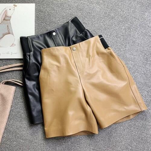 2021 Spring womens Genuine Wide-leg Hot Fashion Elastic wasit leather fifth pants C630