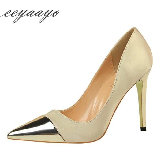 2019 New Spring/Autumn Women Pumps High Thin Heel Pointed Toe Shallow Metal Fashion Evening Party Women Shoes Gold High Heels