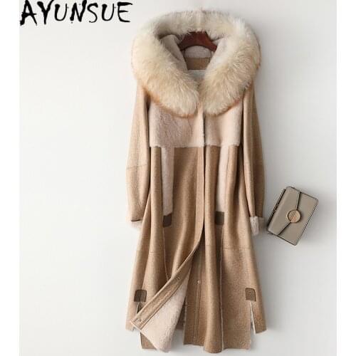AYUNSUE Natural Sheep Shearing Womens Jacket Luxury Raccoon Fur Hooded 100% Real Fur Coat Female Double Faced Fur Jackets 90308