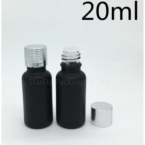 Free Shipping 200pcs 20ML Black Frosted Glass Bottle 20ml Vials Essential Oil Bottle silvery Aluminum screw cover Perfume bottle
