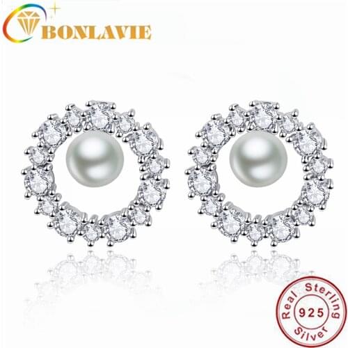 BONLAVIE Platinum Inlaid Zircon Shell Pearl 925 Sterling Silver Garland Earrings for Women Wedding and Engagement