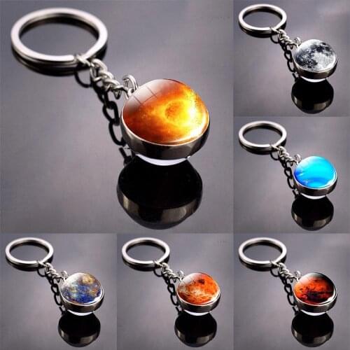 Planet Space Solar System Keyring Nebula Keychain Sun Earth Moon Art Picture Double Side Glass Ball Key Chain Fashion Jewelry