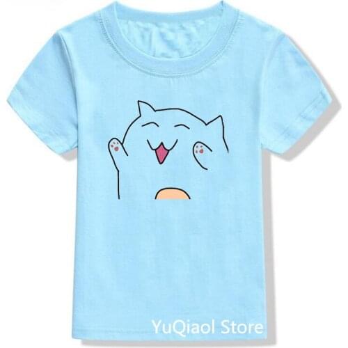 Cute Smiling Cat Print Childrens T-Shirts Summer Top High Quality Boys Clothes Kids Toddler Lovely Cartoon T Shirt Blue T-Shirt