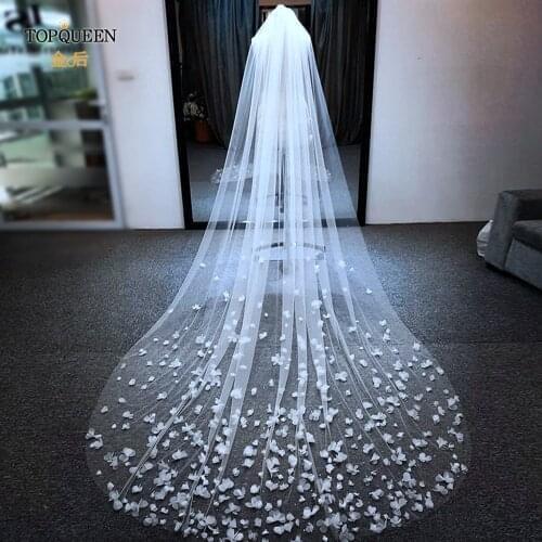 TOPQUEEN V20s 3D Flowers Wedding Veil Luxurious Bridal Veils Wedding Long Veu Bride 5 Meters Cathedral Drop Veil Pure White VEIL