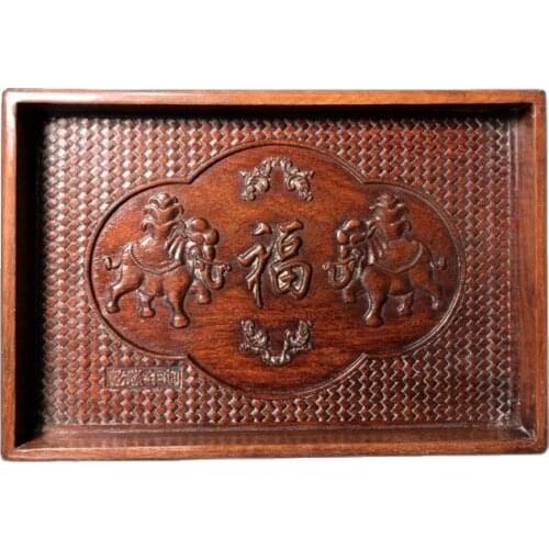 China Old Beijing Old Goods Redwood Carved Carvings Fu Xiang Tu The Tea Tray Decorated Square Plate