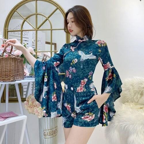 Chinese Dress Qipao Vietnam Traditional Dress Crane Print Mandarin Collar Shorts Modern Cheongsam Mini Dress 2020 Summer 10282