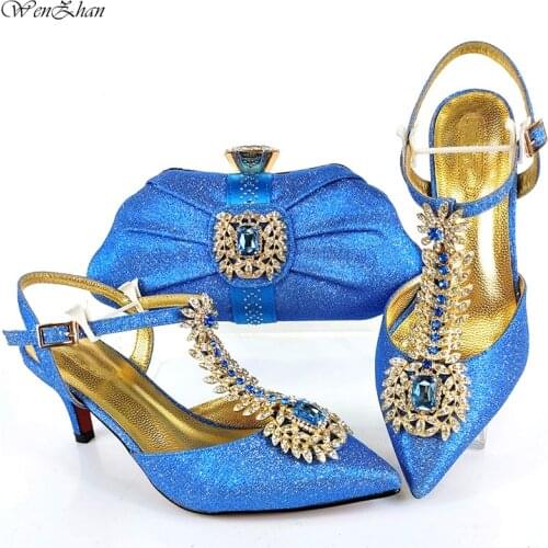 Beautiful Style Blue Ladies Soft Shoes 7 cm and Clutch Bag Set Decorated With Latest Hardware For Party WENZHAN b210-20