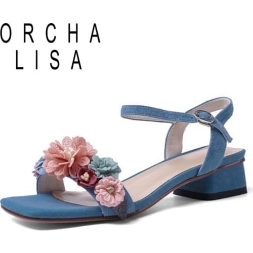 ORCHA LISA 2021 Fashion Sandals Kid Suede Open Toe Flower Buckle Strap 3cm Slingbacks Square Heel US11 Blue Apricot Black A4306