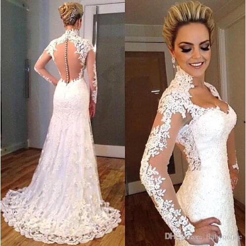 2015 Muslim Vestidos Sweetheart Beaded Lace Wedding Dresses Appliques Sheer Long Sleeves Mermaid Vestidos De Noiva Bridal Gowns