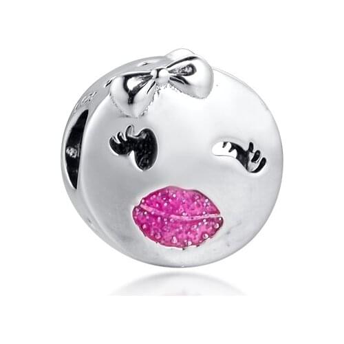 Fits for Pandora Charms Bracelets 925 Sterling Silver Pink Enamel Playful Wink Charm Metal Beads for Women Jewelry Gift