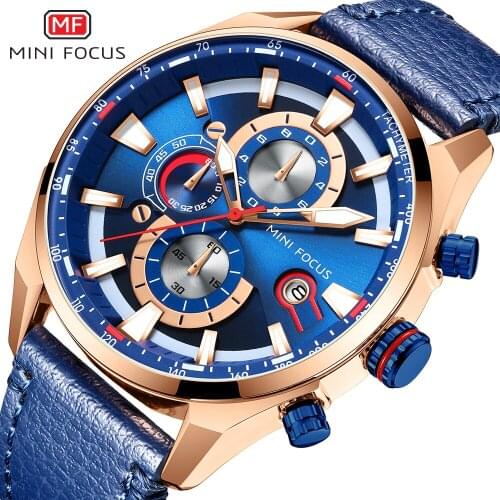 MINI FOCUS Luxury Watches Men Blue Leather Band Wristwatch Man Top Brand Chronograph Quartz Watches Relogio Masculino Clock 0202