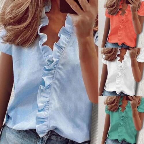 Short Sleeve Shirts Ladies Tops Summer Blouse Office Lady Womens Clothing New Fashion Ruffle V-Neck Solid Shirt Casual Female