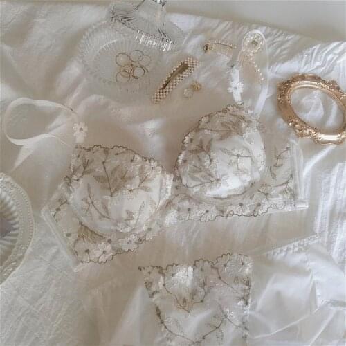 Sexy Push Up Bra Sets Deep V Brassiere Floral Cotton Women Underwear 2 Pcs Lace Green Embroidery Brief Flowers Lingerie A B Cup