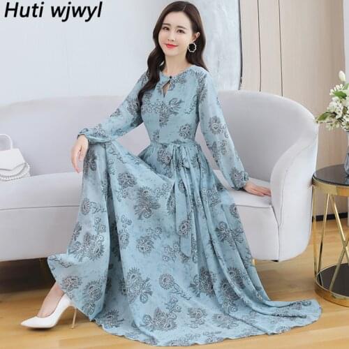 Spring Autumn Chiffon Long Sleeve Boho Beach Maxi Dress 2021 Elegant Bodycon Party Midi Dress Women Vintage Print Female Vestido