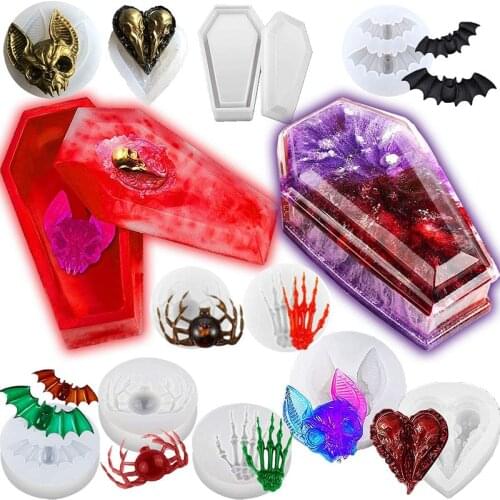 Halloween Silicone Epoxy Resin Molds Skull Hands Epoxy Resin Art Coffin Storage Box Spider For Jewelry Decoration Resin Mold