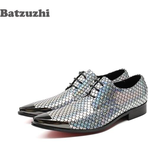 Batzuzhi Italian Designer Silver Mens Shoes Genuine Leather Mens Dress Shoes Lace Up Oxfords Party Wedding Shoes Footwear, 46