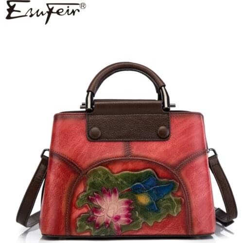 ESUFEIR New Genuine Leather embossed Women Handbag Vintage Messenger Bag Fashion Shoulder Bag Luxury Brand Designer Ladys Bags