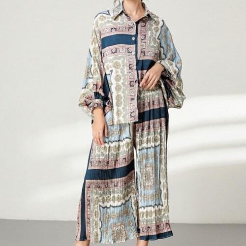 Oversized Autumn 2 Piece Set Runway Women Print Bawing Sleeve Irregular Loose Shirts +Elastic Waist Pleated Wide Leg Pants Suits