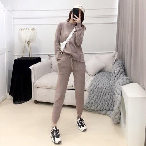 Autumn Winter Women Thick Warm Sweater Suits Solid Long Sleeve Pullover Sweater + Lace-up Pocket Pant Knit Tracksuit 2 Piece Set