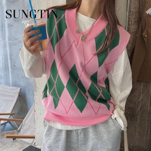 Sungtin Vintage Argyle V Neck Knitted Vest Women Korean Chic Loose Pullover Sleeveless Sweater Pink Casual Jumpers Waistcoat New