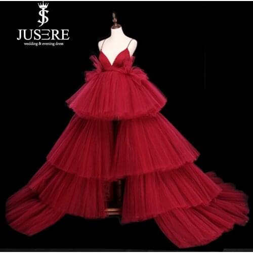 High Low Spaghetti Strap Tiered red Tulle Celebrity Long Train Sexy Prom Lady Wear Evening Dresses 2019 robe de soiree