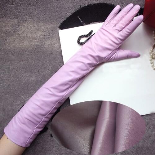 Winter Lady Fashion Sheepskin Leather Gloves Women Genuine Leather Mittens Female Long Style Arm Sleeve Pink Purpl Warm Lining