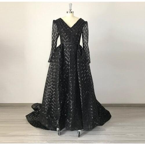 2020 Dubai Arab Deep V-Neck equins Mermaid Evening Dress Long Sleeves Detachable Train Prom Party Gowns